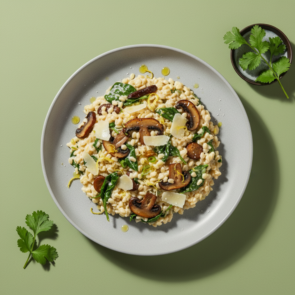 Speedy Creamy Barley Risotto with Mushrooms and Spinach