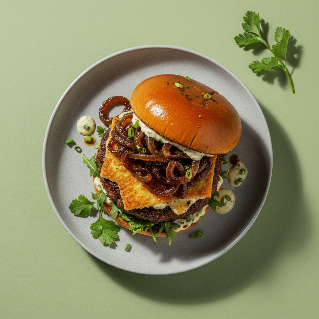 Umami Burger with Gruyère Crust and Balsamic Onions