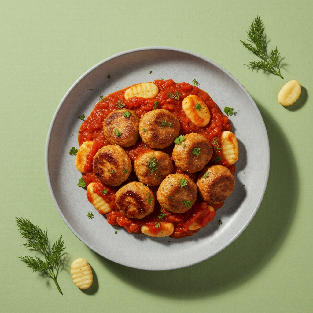 Swedish Chicken Meatballs with Cauliflower Gnocchi in Tomato Sauce
