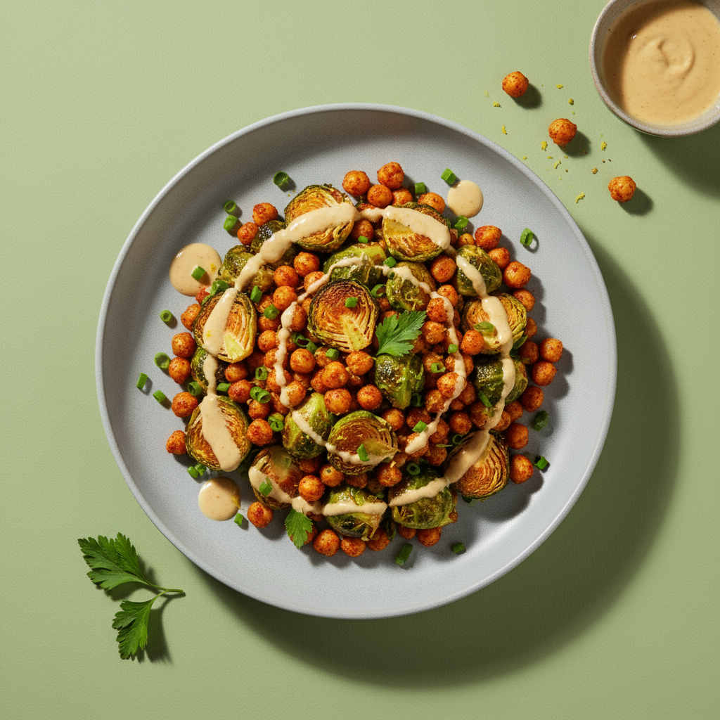 Air Fryer Brussels Sprouts Salad with Anchovy Tahini Dressing and Za'atar Chickpeas