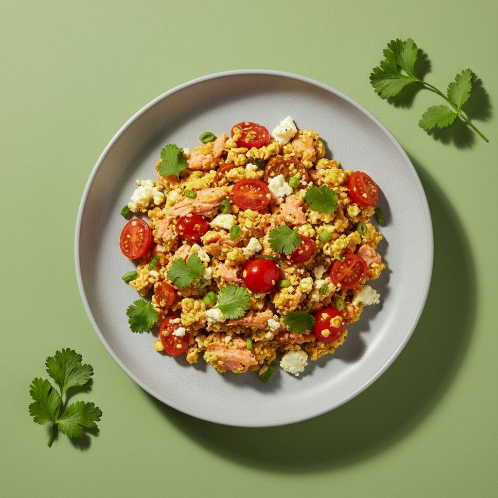 Salmon Feta Scramble with Cherry Tomatoes and Curry