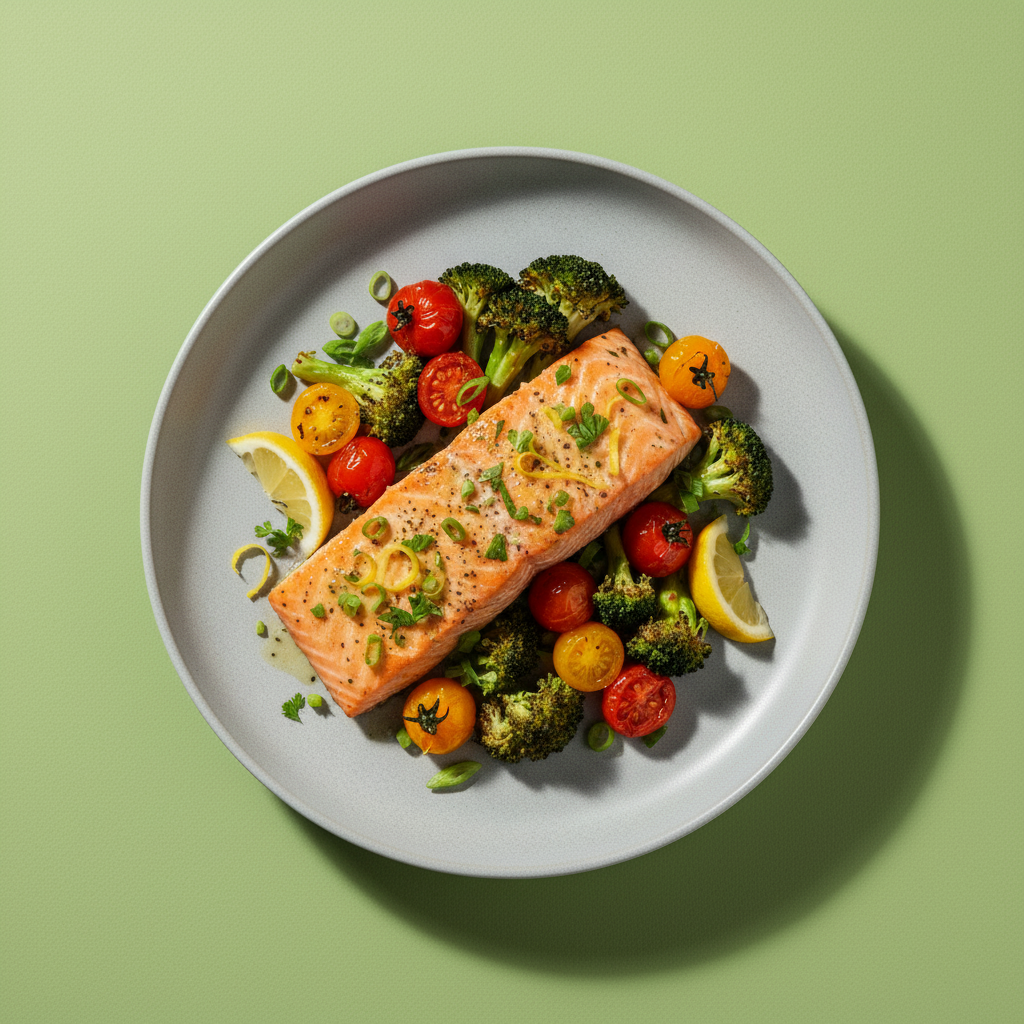 Lemon Herb Baked Salmon with Roasted Broccoli and Cherry Tomatoes