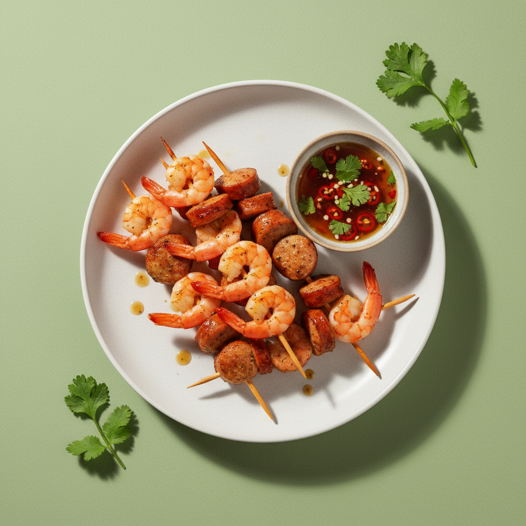 Quick Shrimp and Sausage Skewers with Nuoc Cham