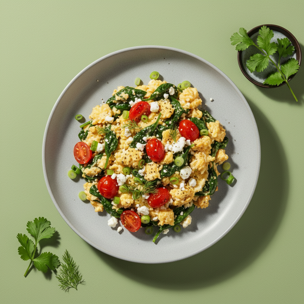 Spinach, Feta, and Cherry Tomato Scramble