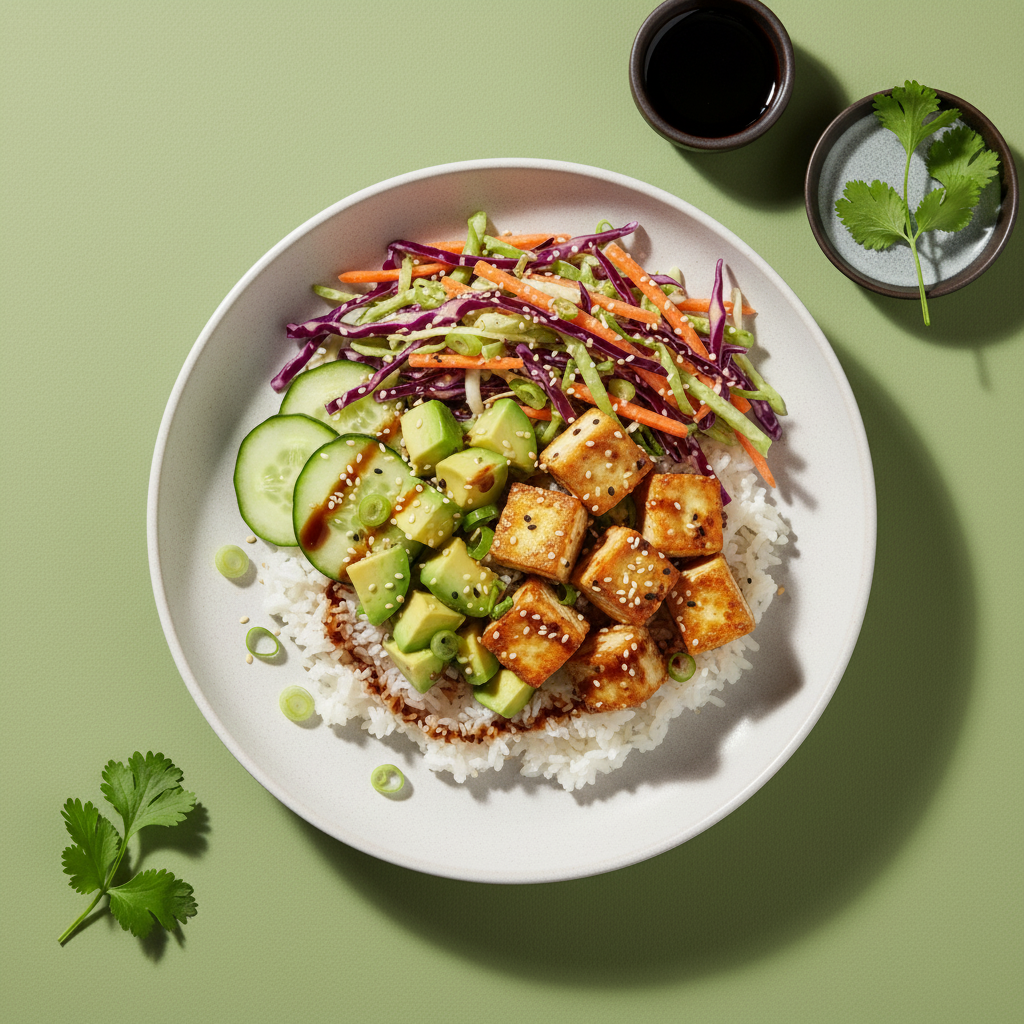 Deconstructed Sushi Bowl with Tofu, Avocado, and Cucumber