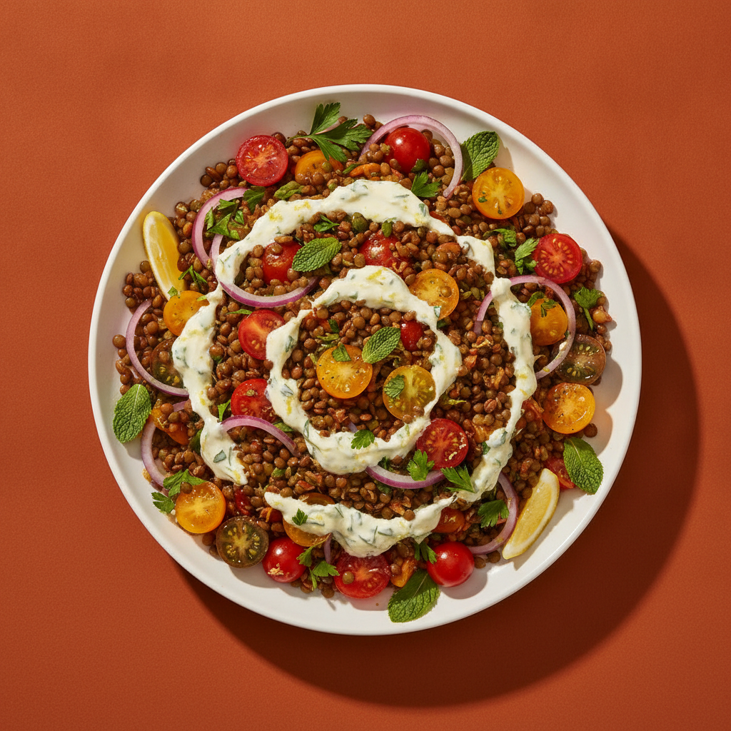 Mediterranean Kissed Lentil & Tomato Salad with Zesty Yogurt Dressing