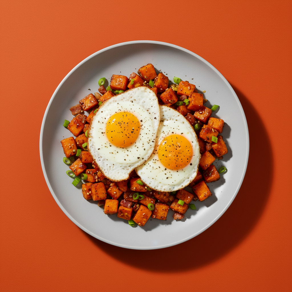 Honey Garlic Sweet Potato Hash with Fried Eggs