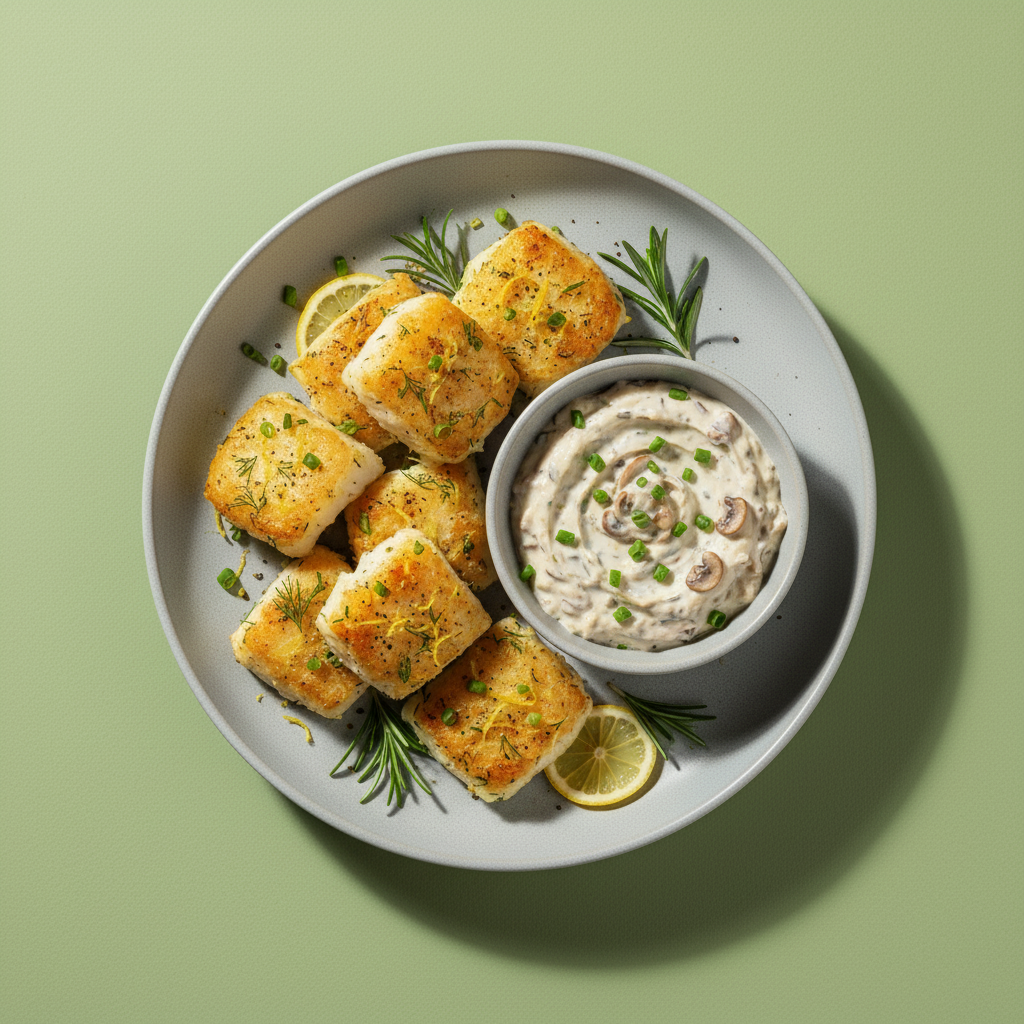 Winter Lemon-Herb Cod Bites with Creamy Mushroom Dip
